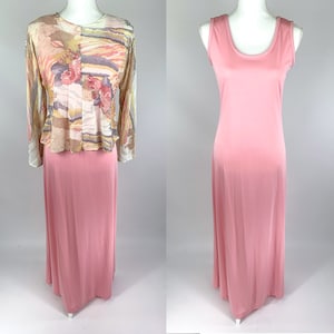 Vintage 1970s Claire Larabee Two Piece Top and Maxi Dress Set Women&#39;s Size M, 70s Pastel Pink Maxi Dress with Sheer Cover up Top Medium