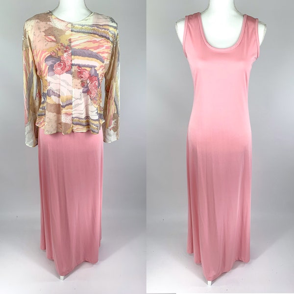 Vintage 1970s Claire Larabee Two Piece Top and Maxi Dress Set Women's Size M, 70s Pastel Pink Maxi Dress with Sheer Cover up Top Medium