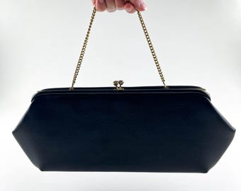 1960s Black Hinged Oblong Purse, Vintage 60s Black Vinyl Handbag Convertible Clutch, Quirky 60s Handbag, MCM Black Purse, Vintage Handbag