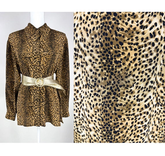 Vintage 90s Tess Petite Leopard Print 100% Silk B… - image 1