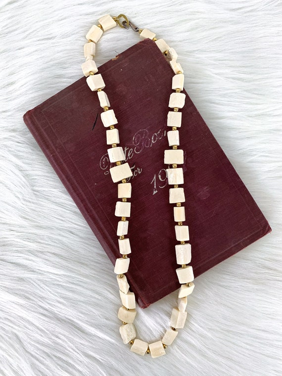 Vintage 80s Bone Chunk Beaded Necklace, 1980s Bon… - image 2