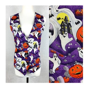 90s Halloween Vest, Vintage Halloween Vest with Ghosts, Pumpkins, and Haunted Houses, Vintage 90s Halloween Vest, 90s Halloween Top