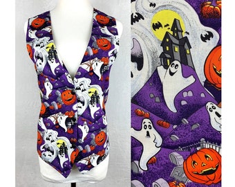 90s Halloween Vest, Vintage Halloween Vest with Ghosts, Pumpkins, and Haunted Houses, Vintage 90s Halloween Vest, 90s Halloween Top