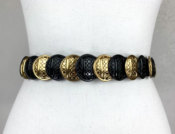 Vintage 90s Gold and Black Stretchy Coin Belt, Bl… - image 2