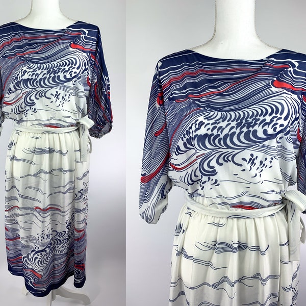 Vintage 80s Batwing Dress with Ocean Waves Print Size M/L, 80s Dolman Sleeve Dress White and Blue, Vintage 80s Nautical Dolman Dress