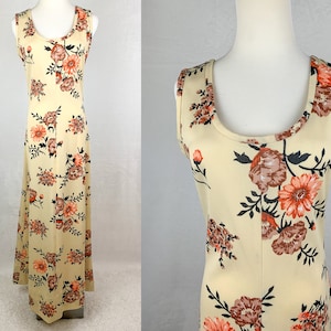 70s Cream Floral Maxi Dress, 70s Sleeveless floral maxi dress in cream and pink, Vintage 70s Hippie Maxi Dress, 70s Polyester Maxi Dress