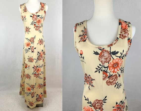 70s Cream Floral Maxi Dress, 70s Sleeveless floral