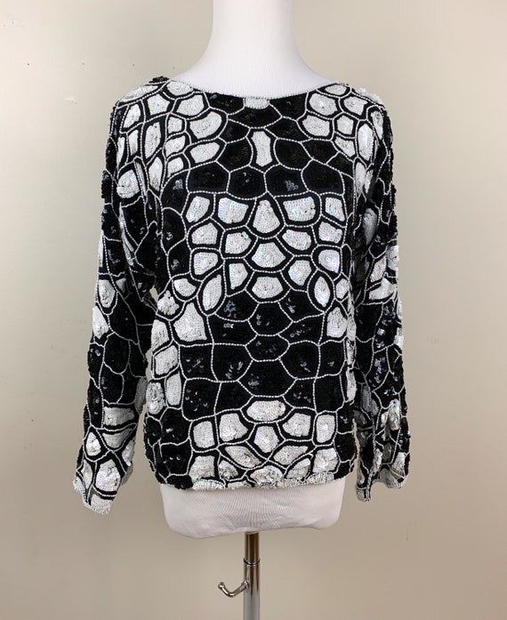 80s Black and White Beaded Top Size Medium, by Do… - image 2