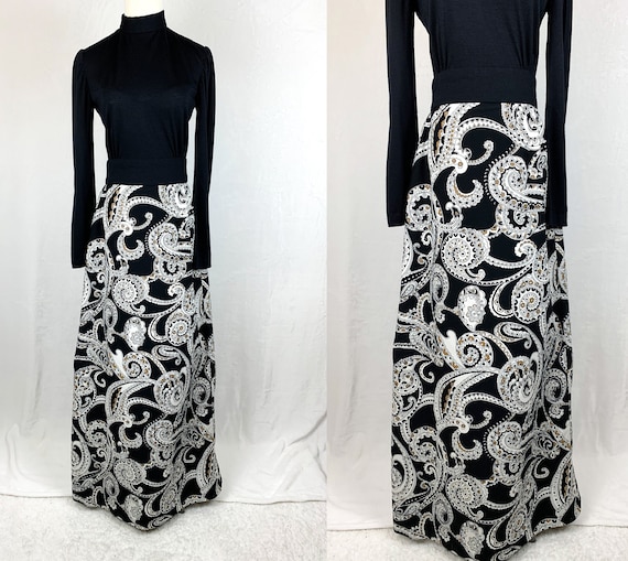 1970s Paisley Maxi Dress, Vintage 70s Mock Neck Ma