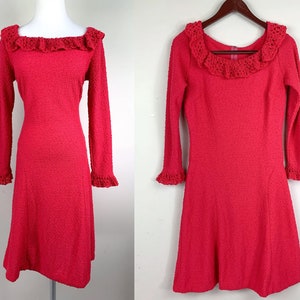 Katrina Custom Knits of California Pink Dress with Crochet Trim, Vintage 60s Pink Frilly Dress, Pink Frilly Crochet Dress, Vintage 60s Dress