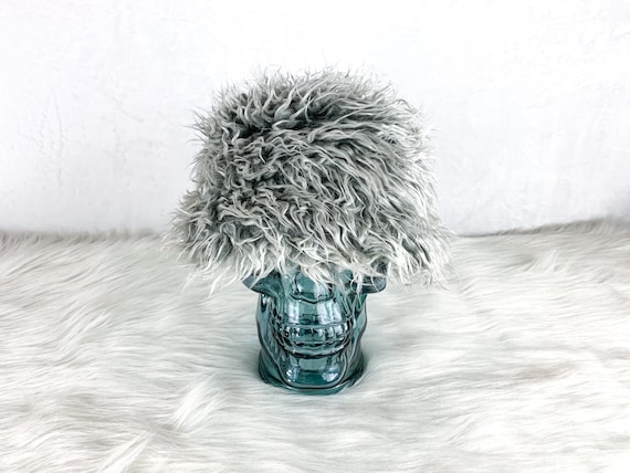 90s Furry Bucket Hat Faux Fur, Y2K Furry Gray Buck