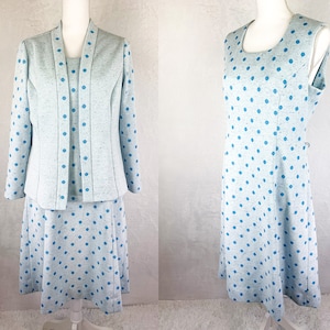 Vintage 60s Mod Dress, 1960s Blue Polka Dot Two Piece Dress and Cardigan Set, 60s Pastel Blue Polka Dot Coordinated Set, Mod Coordinate Set
