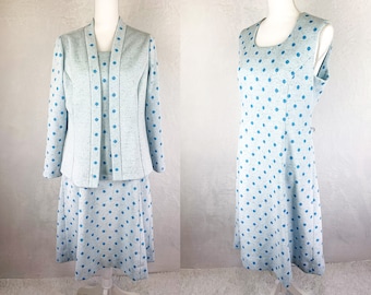 Vintage 60s Mod Dress, 1960s Blue Polka Dot Two Piece Dress and Cardigan Set, 60s Pastel Blue Polka Dot Coordinated Set, Mod Coordinate Set