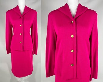 Conjunto de dos piezas con falda de punto rosa chicle vintage de los años 80, talla M/L, blazer y falda rosa intenso de los años 60, conjunto rosa Barbiecore, ropa de trabajo retro.