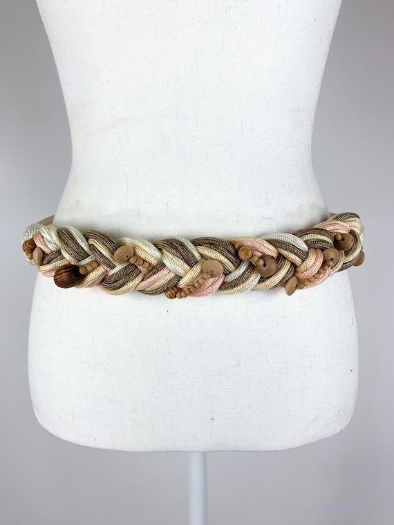 1980\'s woven rope belt gold with green and gold wooden beading Vintage 80 main image 3