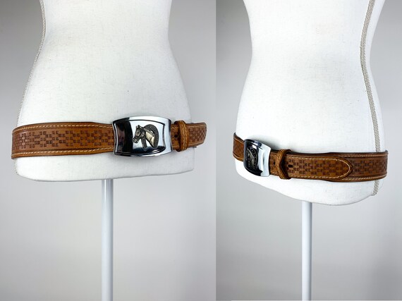 Vintage 1970s Tooled Leather Belt with Equestrian… - image 3