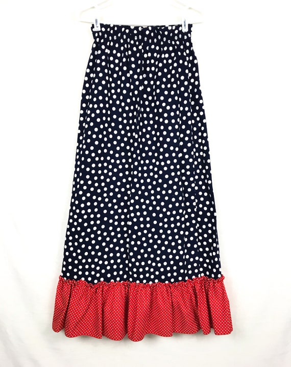 Vintage 1970s JR Bazaar Sears BOHO Long Skirt Polka Dot Red White Blue 13