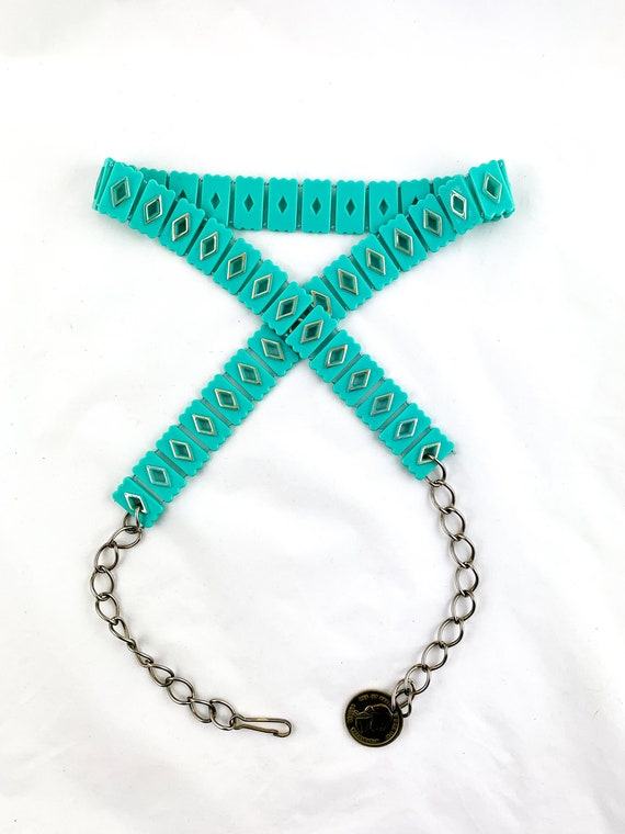 Vintage MCM Aqua Plastic Belt With Gold Chain, Robin display picture 2