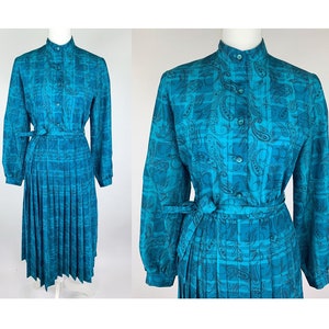 Serbin Designed by Marianne Paisley Shirtdress Size 10, Vintage 1960s Blue Paisley Shirt Dress, 60s Serbin Paisley Print Day Dress Size 10