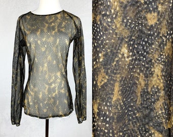 Jaren '90 Mesh Snakeskin Shirt met print, jaren '90 Fishnet Shirt, jaren '90 Club Kid Snakeskin Shirt, Vintage jaren 1990 Mesh Shirt, jaren '90 Animal Print Mesh Top