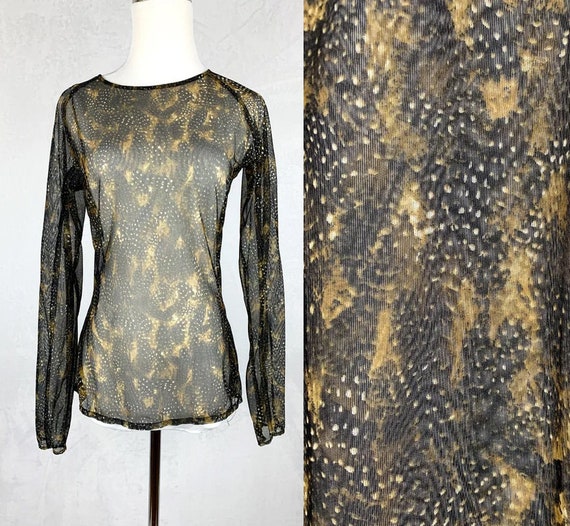 90s Mesh Snakeskin Printed Shirt, 90s Fishnet Shi… - image 1