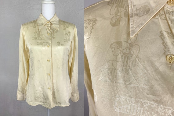 1960s The Villager Cream Silky Blouse with Art Dec