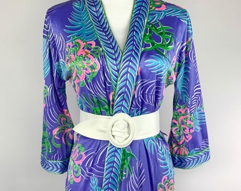 1960s 70s Perfection Fit by Roxanne Swimsuit Coverup Robe Top Size Small with Tropical Print, 70s Vintage Pastel Kimono Robe Top Size Small