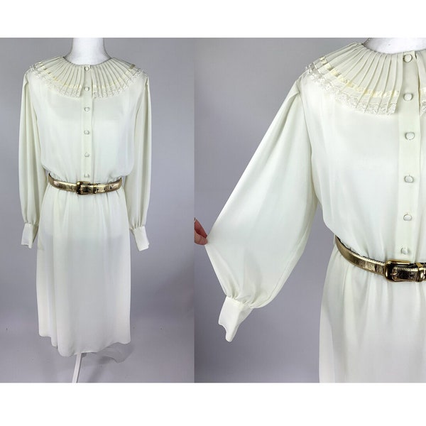 1980s Ms. CHAUS Sheer White Chiffon Dress with Ruff Collar Size 14, 80s Vintage See Through Chiffon Dress with Dramatic Collar Bishop Sleeve