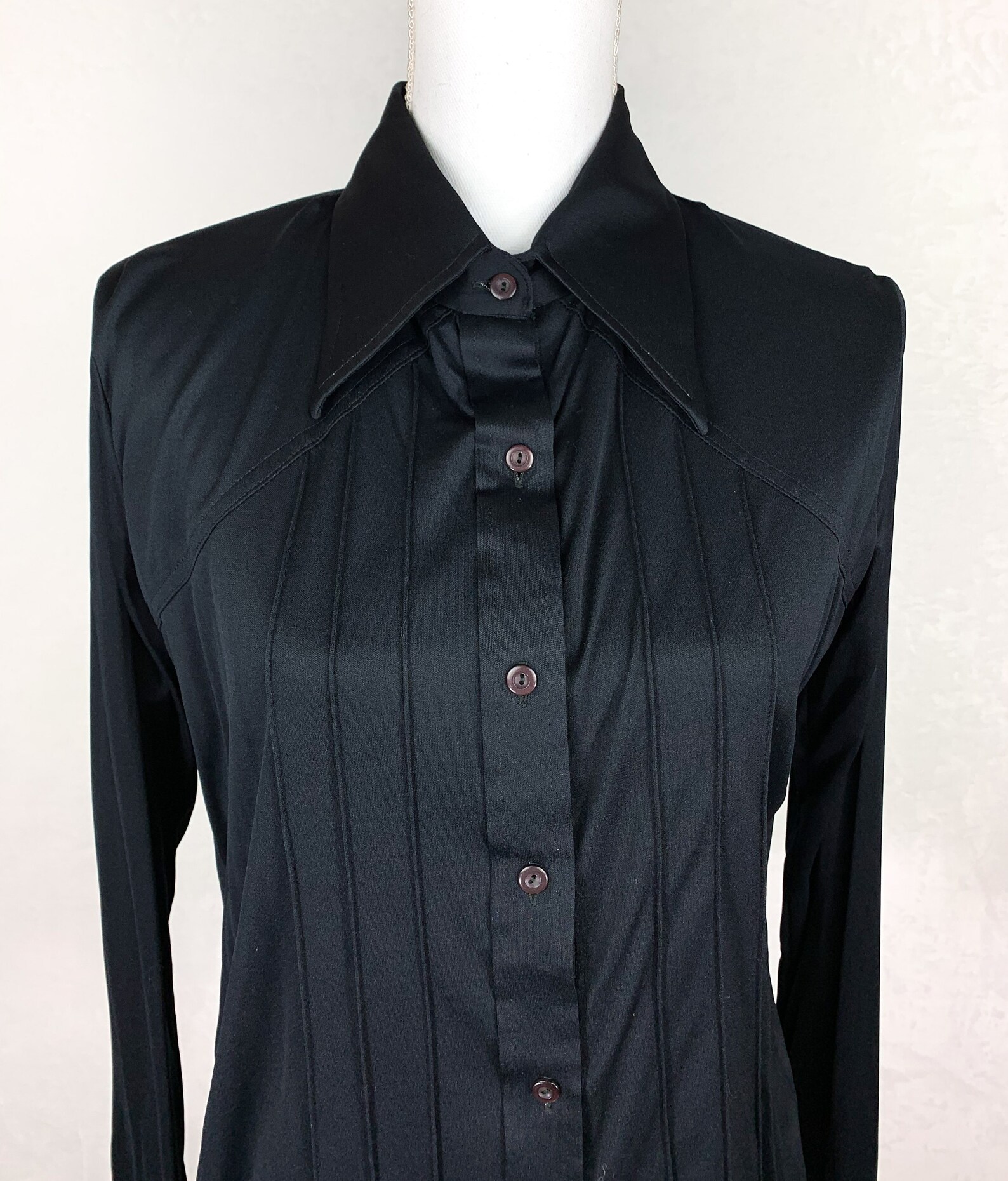 70s Black Dagger Collar Shirt Sz 38 1970s Vintage Black Disco Etsy