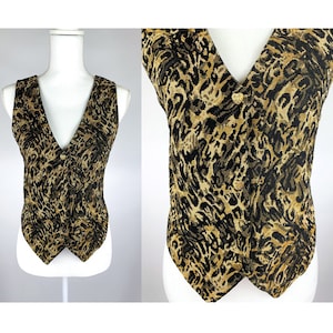 Vintage 90s Leopard Print Tapestry Vest with Heart Shaped Buttons Size _, 1990s Cheetah Print Button Up Vest, 90s Tapestry Waistcoat Vest
