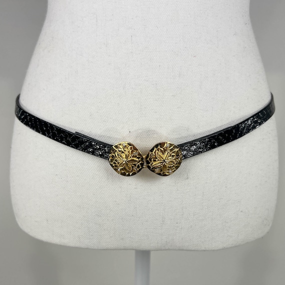 Vintage 1980s Dotty Smith Sand Dollar Belt, Adjustable Black Belt with Gold Sand Dollar Buckle, 80s Sand Dollar Belt, 80s Skinny Belt