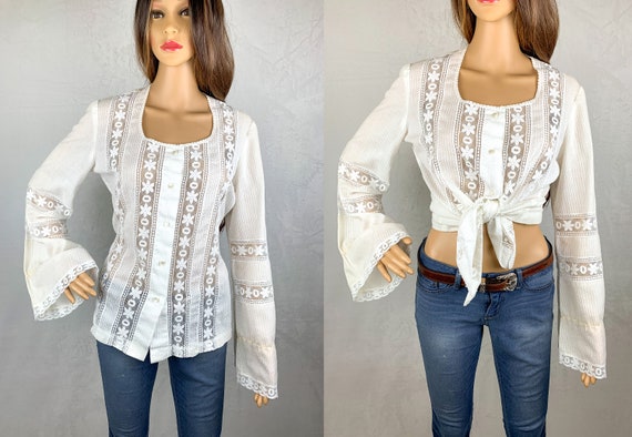 New cream peasant top gold button shirred blouse ...  Xs/ S main image 0