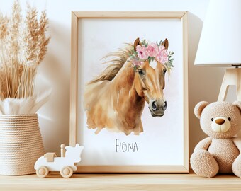Custom Horse Nursery Print, Floral Crown, Equestrian Decor (Digital Download)