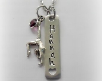 Personalized Gymnastics Necklace, Swarovski Birthstone Name Pendant Necklace, Hand Stamped Jewelry, Team Gift / Gift for Gymnastics Coach