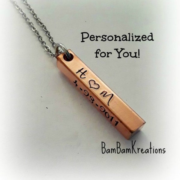 7 Year Copper Anniversary Gift for Her, 4-Sided Bar Anniversary Jewelry, Hand Stamped 7th Wedding Anniversary Jewelry, Personalized, Custom