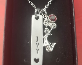 Personalized Cheerleader Necklace, Swarovski Birthstone Name Pewter Pendant Necklace, Hand Stamped Jewelry, Cheerleading, Cheer Coach,