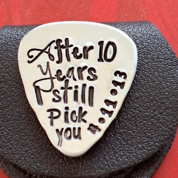 10th Traditional Aluminum Anniversary Gift, Guitar Pick & Leather Case Keychain, Hand Stamped Custom Engraved, Gift for Husband, 10 Year