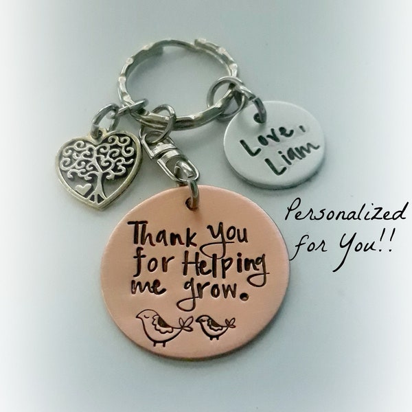 Personalized Nanny / Babysitter Gift, Thank You For Helping Me Grow Engraved Copper Keychain, Preschool Teacher Appreciation Key Chain