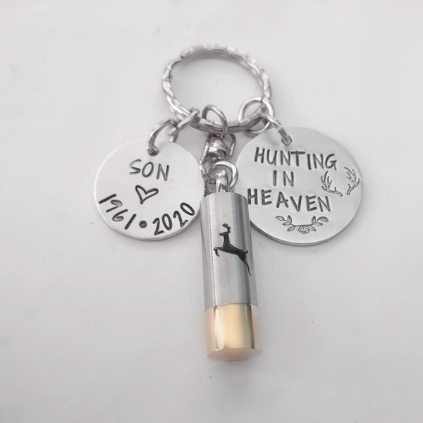 Hunting Memorial Keychain, Hunting in Heaven, Bullet Cremation Urn Key Chain, Sympathy Gift, Engraved, Memorial for Dad Grandpa Brother