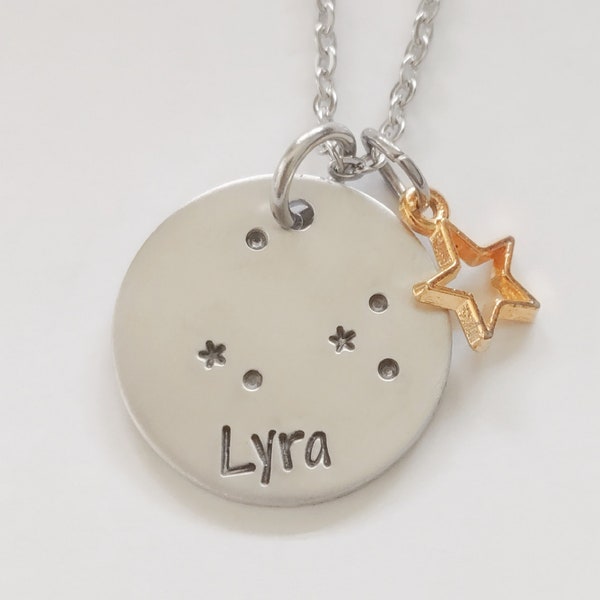 Lyra Constellation Necklace, Lyra, Orion, Draco, Pleiades, Custom Made Zodiac Jewelry, Hand Stamped Engraved Jewelry