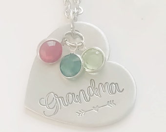 Personalized Grandma Necklace, Family Birthstone, Hand Stamped Heart Pendant Necklace, Mother's Day Gift, Mommy Jewelry, Gift for Nana