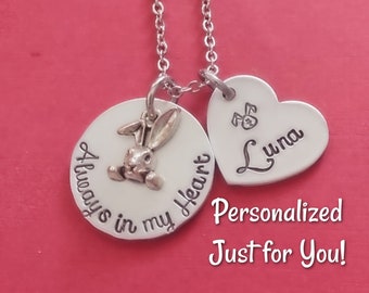Rabbit Memorial Necklace, Bunny Remembrance Jewelry, Pet Rabbit Loss, Always in my Heart, Custom Personalized Jewelry, Sympathy Gift