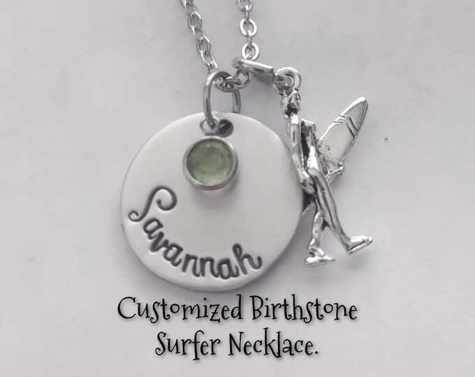 Personalized Name Birthstone Necklace, Surfer Girl, Surf Jewelry, Hand Stamped, Engraved, Swarovski Birthstone, California Girl, Cali Girl