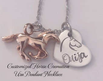 Horse Memorial Cremation Urn Pendant Necklace, Loss of Horse Gift, Pet Memorial Jewelry, Custom Sympathy Gift, Hand Stamped, Personalized