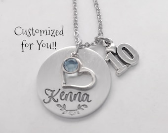 Personalized 10th Birthday Necklace, Swarovski Birthstone, Hand Stamped Jewelry, Stainless Steel, Girl&#39;s Jewelry, Turning Ten