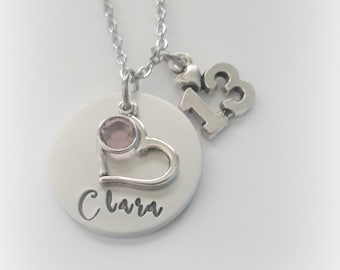 Personalized 13th Birthday Necklace, Swarovski Birthstone, Hand Stamped Jewelry, Stainless Steel, Custom Name Necklace, Gift for Daughter