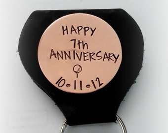 Copper 7th Year Anniversary Golf Marker with Leather Keychain Case, Hand Stamped Golf Accessory, Custom Stamped, 22nd Wedding Anniversary