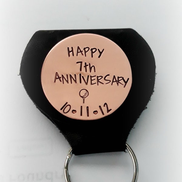 Copper 7th Year Anniversary Golf Marker with Leather Keychain Case, Hand Stamped Golf Accessory, Custom Stamped, 22nd Wedding Anniversary