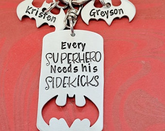 Personalized Father's Day Gift, Super hero Keychain, Every Superhero needs his Sidekicks, Hand Stamped Gift for Dad From Kids Husband