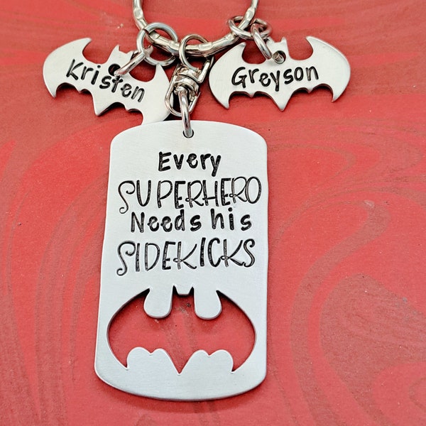 Personalized Father's Day Gift, Super hero Keychain, Every Superhero needs his Sidekicks, Hand Stamped Gift for Dad From Kids Husband